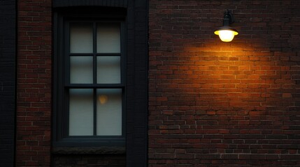 Warm Light Emitting from Lamp Beside Dark Brick Wall and Window
