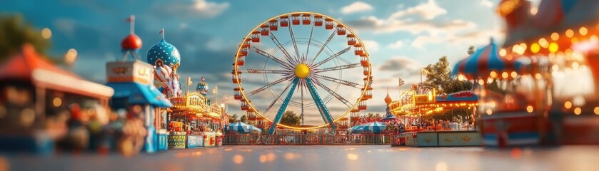 A carnival scene with a Ferris wheel, food stands, and colorful decorations