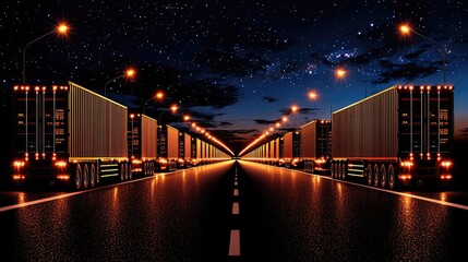 Obraz premium Night highway, trucking convoy, starry sky, logistics