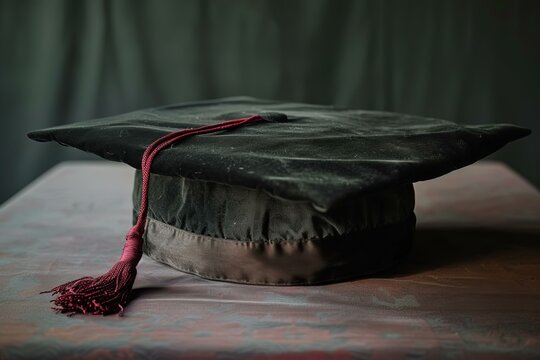 Dusty graduation cap is sitting on a table, representing the culmination of years of hard work and the pursuit of knowledge