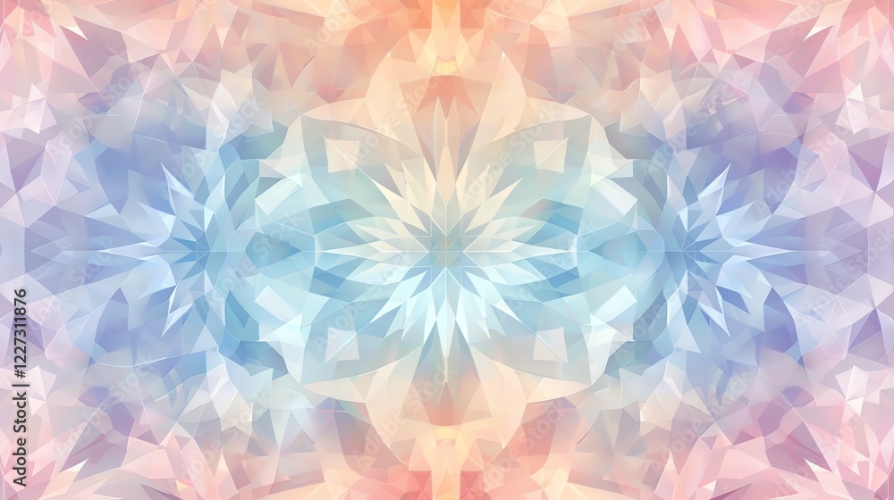 Poster a symmetrical geometric pattern with soft pastel colors, creating a calming and dreamy effect.