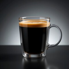 Transparent glass mug dark coffee creamy foam espresso crema close up high contrast reflective surface studio lighting