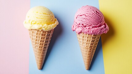 Two Scoops Of Ice Cream In Cones On Colorful Background
