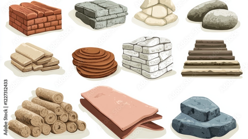 Poster various types of building materials displayed in an organized layout for design use
