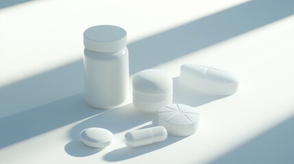 White pharmaceutical containers and tablets arranged artistically on a light background