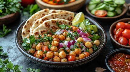 Delicious Spicy Chickpea Bowl with Flatbreads and Fresh Veggies
