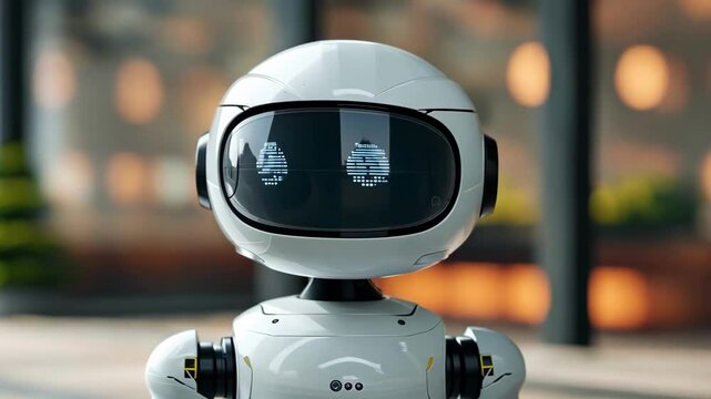 A friendly robot with a digital face, set in a modern environment
