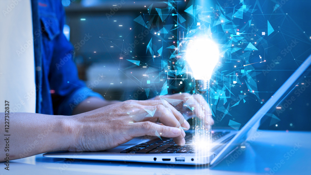 Aufkleber hands typing on a laptop with a glowing lightbulb and futuristic digital elements symbolizing innova