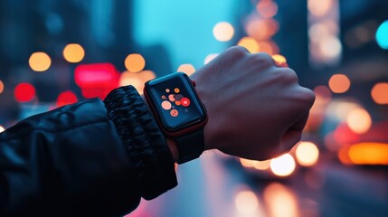 A person wearing a smart watch is standing in the rain