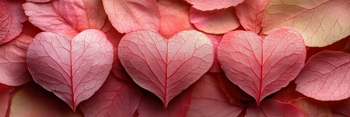 Delicate Pink Heart-Shaped Leaves Over a Beautiful Background of Soft Pink Petals in a Flatlay Composition for Nature and Love Themes