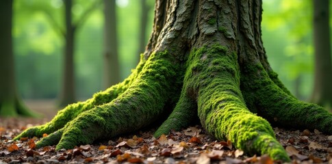Obraz premium Lichen covered tree trunk with roots and moss, outdoors, grunge, tree
