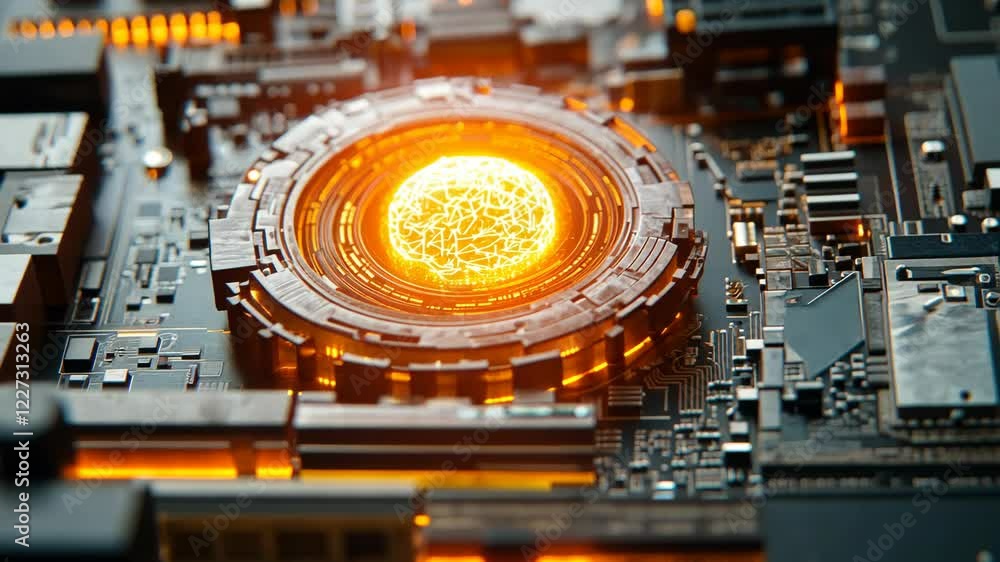 Poster close-up view of a futuristic circuit board with glowing energy core and intricate details showcasin