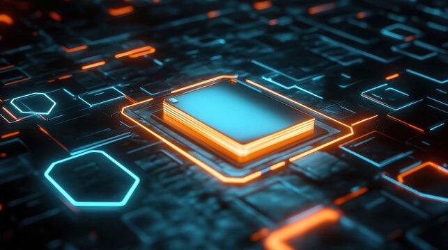 A computer chip is shown in a blue and orange color scheme