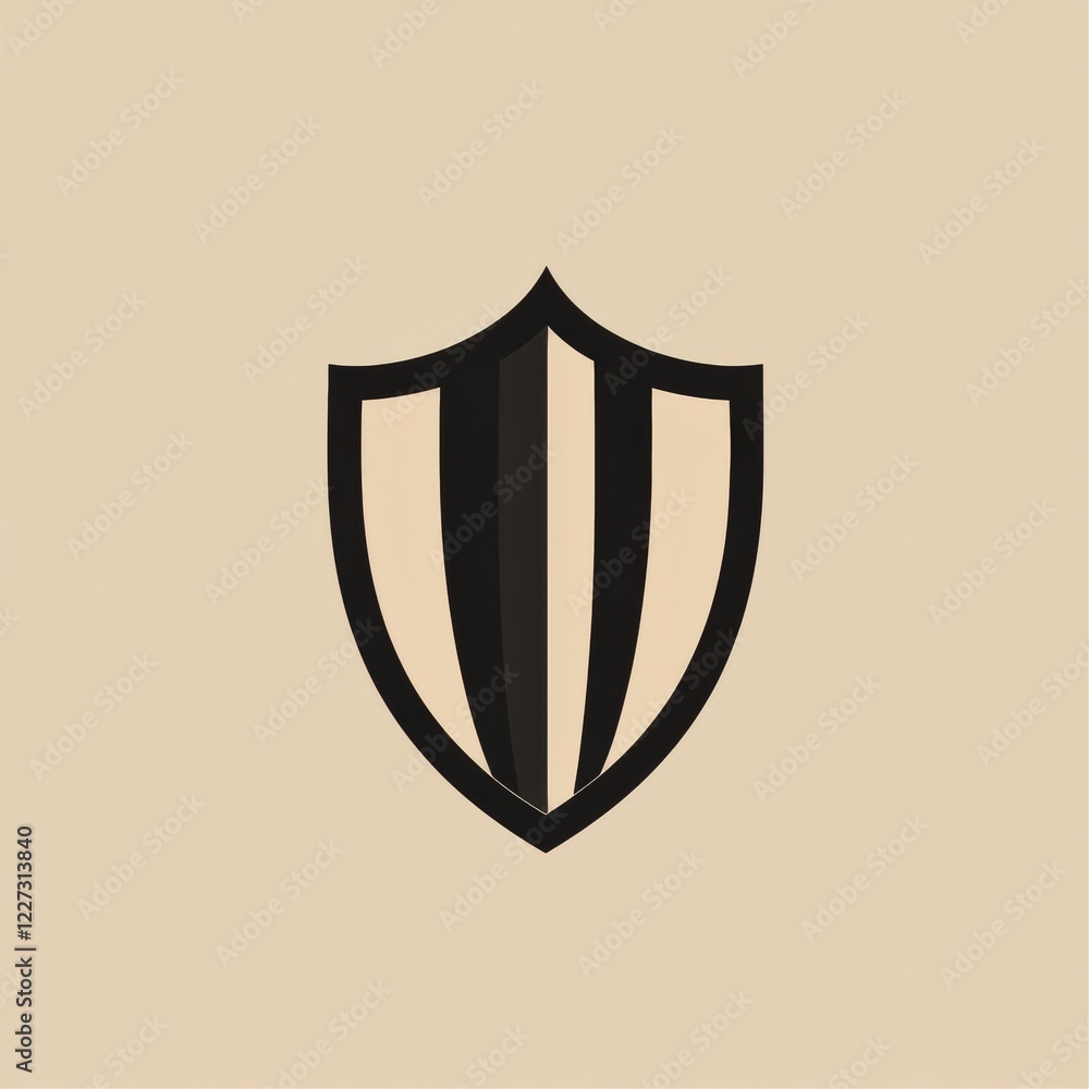 Poster black and white shield design with vertical stripes against a beige background. generative ai
