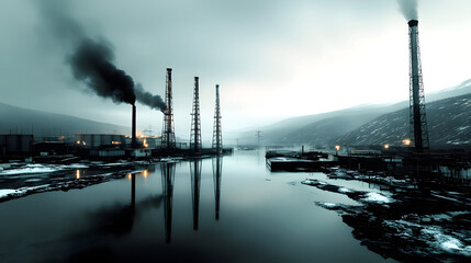 Obraz premium Industrial landscape at night with illuminated oil refinery, smokestacks, and wet muddy ground, creating a dystopian atmosphere. Ideal for energy, environmental topics, and urban decay conceptsIndustr