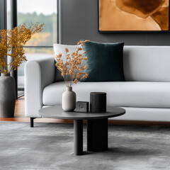 Contemporary living room with grey sofa and black coffee table | Modern decor with dried floral arrangements, velvet pillows, and stylish accessories in neutral tones.