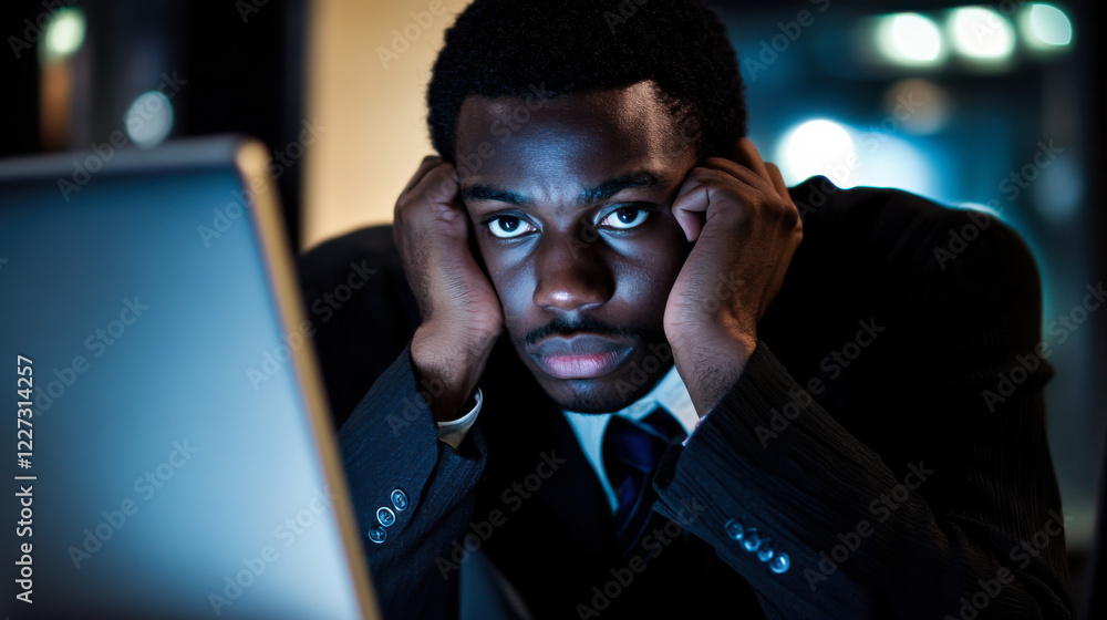 Aufkleber man expressing frustration while working at a desk with a computer in a modern office environment
