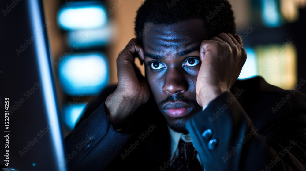 Aufkleber man expressing frustration while working at a desk with a computer in a modern office environment
