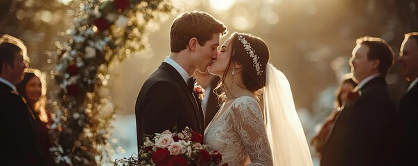 A couple sharing their first kiss as newlyweds, surrounded by friends and family