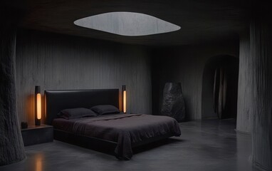 Sleek underground lair bedroom with dark concrete walls in shades of black and gray. 