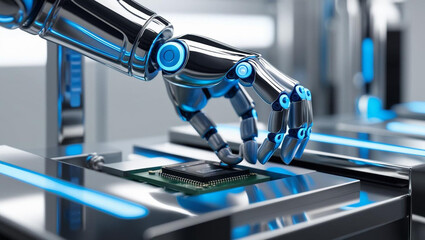 A close-up of a robotic hand assembling a microchip on a sleek, modern production line, glowing blue lights, photorealistic