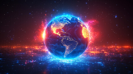 Obraz premium Vibrant Digital Illustration of the Earth with Glowing Energy Effects technology, sustainability