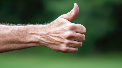 Man giving thumbs up outdoors, green background, positive gesture, stock photo