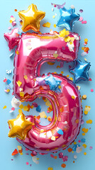 5th Birthday Celebration Concept with Balloons, Cake, and Number 5