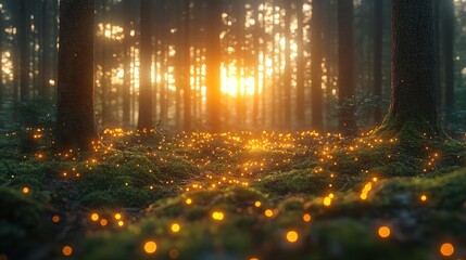 Obraz premium Enchanting Forest Scene with Sunlight Streaming Through Trees and Sparkling Golden Glimmers on the Ground at Sunset