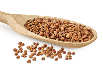 Raw buckwheat in wooden spoon isolated on white background