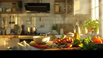 Fototapeta premium Fresh Ingredients for a Healthy Meal Colorful Vegetables and Aromatic Herbs on a Kitchen Counter