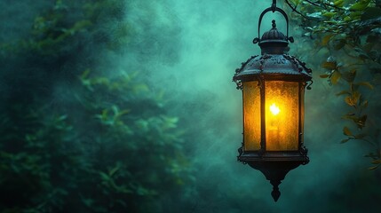 Antique lantern glowing in misty forest at night