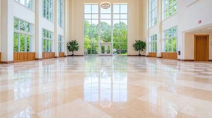 Fototapeta premium Spacious lobby with marble floor, high windows, and lush green trees outside. Use Architecture, real estate