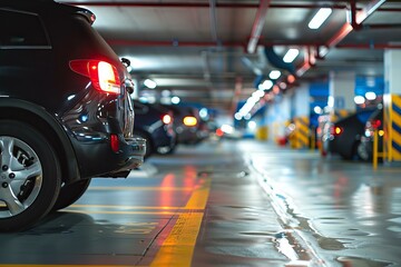 Modern car is parked in an underground parking lot with a shallow depth of field