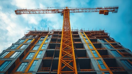 Fototapeta premium Construction Site: A Towering Crane and Modern Building Under Construction