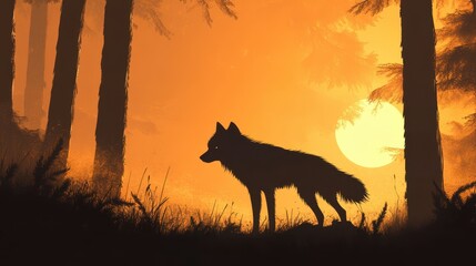 Lone Wolf Silhouette at Sunset in a Forest