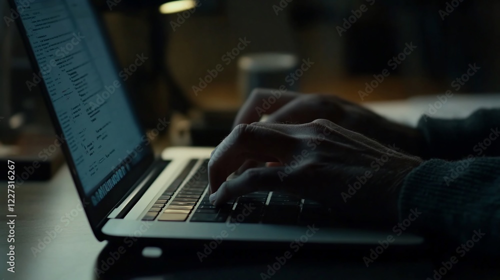 Poster hands typing on a laptop keyboard in a dimly lit room with code on screen