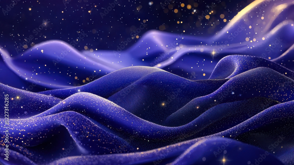 Poster soft undulating waves with sparkling stars create a celestial atmosphere in vibrant shades of blue a