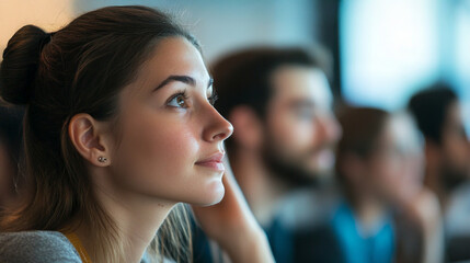 Focused gaze of a young woman engaged in thoughtful observation during a group discussion at a workshop