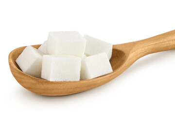 Sugar cubes in a wooden spoon isolated on white background
