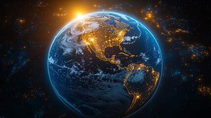 Earth glowing with shining light  against the infinite darkness of space