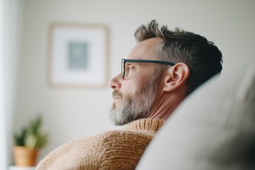 Obraz premium Reflective moment of a man enjoying tranquility in a cozy indoor space