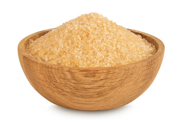 The brown sugar in wooden bowl isolated on white background