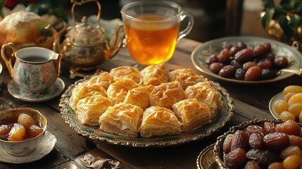 Baklava, tea, dates on table with ornate dishes, teapot
