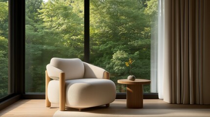 Fototapeta premium A cozy, modern armchair sits beside a wooden table, with large windows revealing a lush green landscape outside.