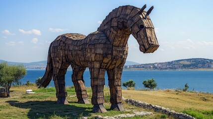 Fototapeta premium Wooden Trojan Horse Sculpture Overlooking Water