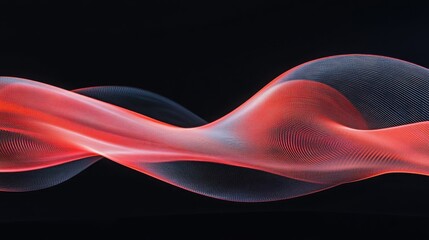 Abstract waveforms in scarlet color on black background, long exposure effect