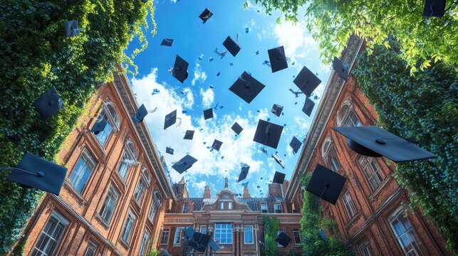 A festive graduation ceremony, with caps thrown into the air