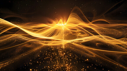 Abstract golden waves and particles creating a dynamic, flowing visual effect.