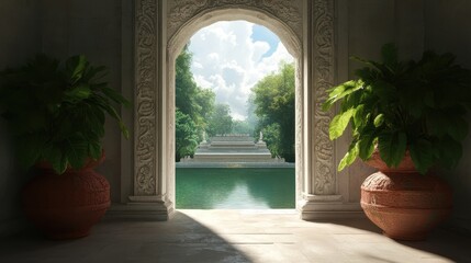 Fototapeta premium A serene view through an ornate archway, showcasing lush greenery and a tranquil waterway under a bright sky.